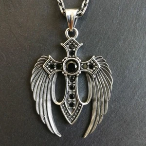 925 Sterling Silver Black CZ Cross Pendant with Detailed Large Open Wing Gothic - Picture 1 of 8