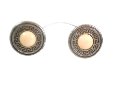 NEW ACRYLIC IVORY & GREEK KEY PEWTER LOOK ROUND CLIP-ON EARRINGS - Image 1 of 4