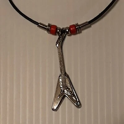FLYING V GUITAR Pewter Pendant Charm /  ROPE NECKLACE WITH COLOR BEADS - Image 1 of 4