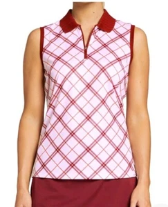 Lady Hagen GOLF Sleeveless Polo Shirt, Clubhouse Plaid, Pink & Maroon, XS - Picture 1 of 8