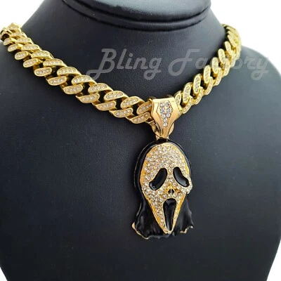 Colgante Máscara Grito Helado y Collar Hip Hop Cadena Cubana Bloqueo Caja Helada 18" 20" 24" Foto 1 de 2