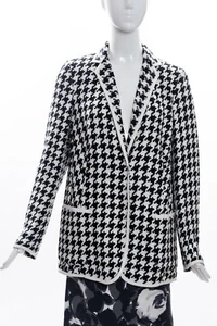 AKRIS Black White Houndstooth Linen Faux Leather Trim Blazer Jacket F44 12 $3990 - Picture 1 of 11
