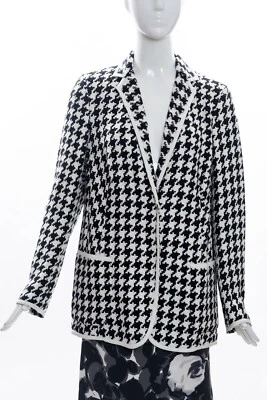 AKRIS Black White Houndstooth Linen Faux Leather Trim Blazer Jacket F44 12 $3990 - Image 1 of 4