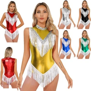 UK Womens Metallic Sleeveless Bodysuit Leotard Shiny Tassel Tap and Jazz Costume - Picture 1 of 64
