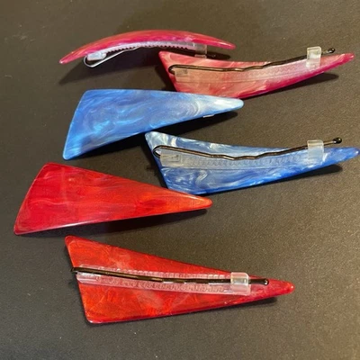 Vintage Marbled Barrettes Hair Clips Bobby Pin Red Blue Pink  3” Very Nice - Image 1 of 4