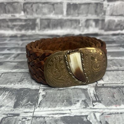 "Cinturón vaquera de cuero marrón trenzado con hebilla de cuerno de vaca 44""" Foto 1 de 4