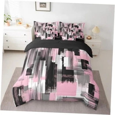  Juego de Cama Rosa Gris Negro Talla 7 Piezas, Rayas Abstractas Doble Rosa Negro Foto 1 de 4