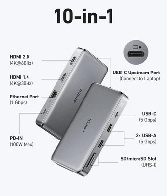 Anker 563 10-in-1 USB-C Docking Station Gray Factory Sealed Model A8386 - Image 1 of 4