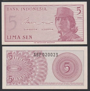 Indonesia 5 sen 1964 Volunteers Female Soldier P91 UNC Replacement Prefix XBP #1 - Picture 1 of 8