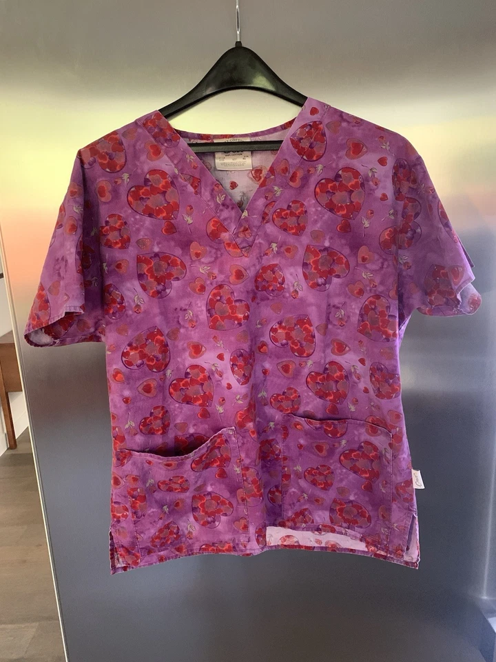 Crest Cottons Women’s Medical Scrub V-Neck Size Small Pink And Red Heart Design - Image 1 of 4