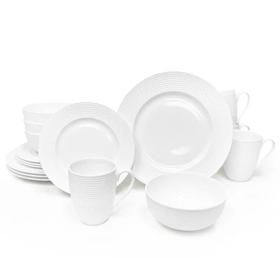 Bone China 16 Piece Dinnerware Dish Set, for 4, White Embossed Circle, Microw... - Image 1 of 4