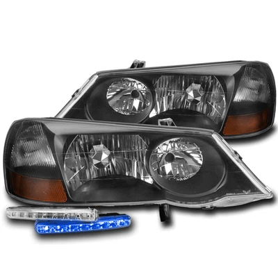 FOR 2002-2003 ACURA TL (HID TYPE) BLACK HEADLIGHTS LAMPS W/BUMPER BLUE LED DRL - Image 1 of 4