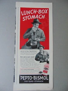 1943 Arbeiter hat Brotdose Magen braucht PEPTO-BISMOL Kunstdruck Anzeige - Bild 1 von 1