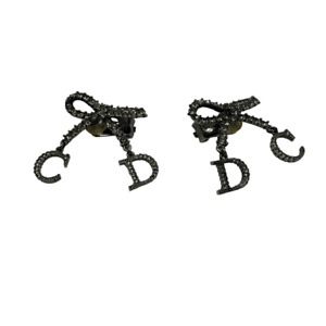 Rare Christian Dior Vintage Metallic Black Bow Letter Logo Clip On Earrings Larg