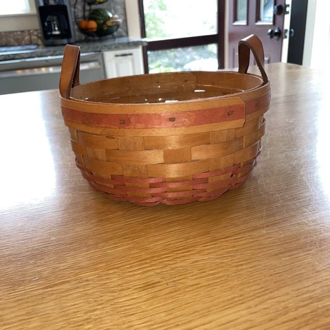 Longaberger Handwoven Basket With Leather Handles Vintage 1995 4” X 8” Cover
