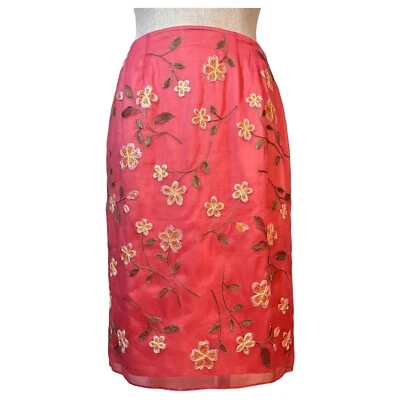 女式 INC 刺绣丝绸裙 6 码花卉粉色衬里拉链 — 第 1/4 张图片