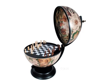 Chess Board Set w/ Pieces Hidden in Table Top Nautical Old World Wood 13" Globe - Picture 1 of 8