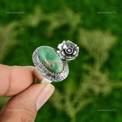 Anillo Flor Promesa Piedras Preciosas Crisoprasa Natural Talla 7 Plata 925 Para Mujer Foto 1 de 3