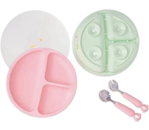 NEW Silicone Baby Toddler Feeding Set w/ Suction Divided Plates & Lids Utensils - Picture 1 of 9