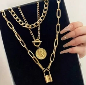Zara 18k gold plated chunky big necklace 4 layers toggle, coin lock detail - Picture 1 of 5