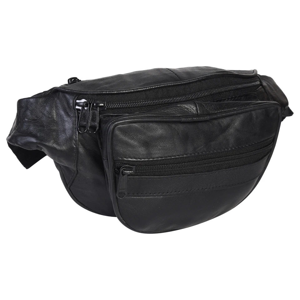 Black Leather Waist Fanny Pack Travel Belt Bag Hip Travel Pouch