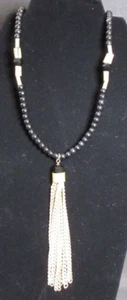Express Black Glass Beaded Necklace w/ Gold Tone Tassel NEW WITH TAGS - 30" BOHO - Picture 1 of 9