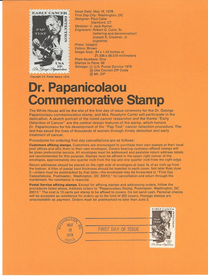 Scott #1754...13 Cent...Early Cancer Test...First Day Of Issue (1978) - Image 1 of 1
