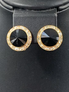 VINTAGE 1980'S Black Rivoli CRYSTAL AND RHINESTONES GOLD TONE CLIP EARRINGS M11 - Picture 1 of 7