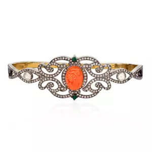 Brazalete de palma de aspecto vintage de diamantes esmeralda de coral tallado plata estornino 925 - Imagen 1 de 5