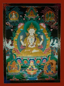 Pintura en rollo Thangka Chenrezig/Avalokiteshvara pintada a mano detallada dorada - Imagen 1 de 11