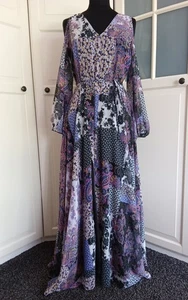 Retro Boho Floaty Lined Maxi Dress Open Shoulder Sheer Sleeves Tie Belt Size 10 - Picture 1 of 14