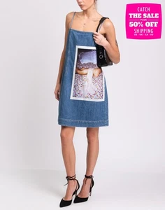 RRP€304 SPORTMAX Denim Mini Dress IT38 US2 UK6 XS Coated Vulgar Print Strappy - Picture 1 of 11