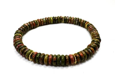 Brazalete elástico con cuentas Unakite Rondelle 6,5" - 6 mm piedras preciosas con espaciadores de oro Foto 1 de 2