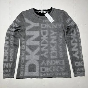 DKNY Sweater Ribbed All Over Print Logo Size Large Black Gray Textured Crewneck - Picture 1 of 6