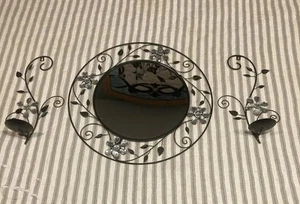 Floral Jeweled Kreis Wandhalterung Spiegel Schwarz Metall Rund 18" & 2 Kerzenständer - Bild 1 von 20