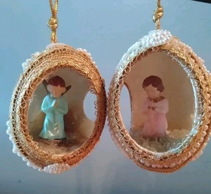2 Vtg. Mid Century, Handmade Egg Diorama Ornaments Boy And Girl Praying - Picture 1 of 19