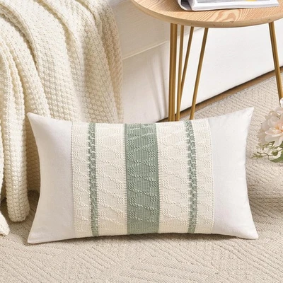 Fancy Homi Sage Green Boho Lumbar Pillow Cover 12x20" Rustic Decor - Image 1 of 4