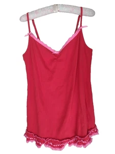 Vintage Betsy Johnson Intimates Red/Pink Ribbon Ruffle Ribbed Cotton Camisole Lg - Picture 1 of 3