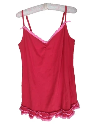 Camisola de algodón acanalada con volantes cinta roja/rosa íntima vintage Betsy Johnson Lg Foto 1 de 3