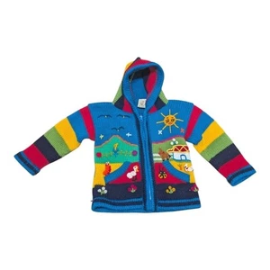 Lucy Iburg Peruvian Colorful Vibrant Knit Animals Hooded Zip Sweater Boys 2T - Picture 1 of 7