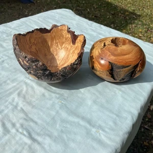 VTG Rustic Hand Carved Burl Wood Lot 2 Pc Bowl Knotty Cabin Lodge Decor Uneven - Picture 1 of 11