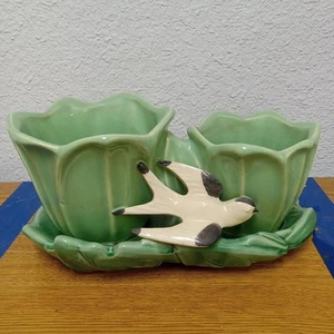 Planter McCoy Pottery Green Double Tulip w/ White & Black Swallow Bird Vintage - Picture 1 of 24
