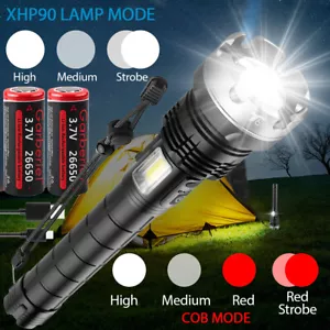 Super Bright XHP90 LED + COB Tactical Flashlight Rechargeable Zoom Torch Light - Picture 1 of 17