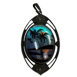 Antique Sterling Silver Blue Morpho Butterfly Wing Island Palm Tree Pendant - Picture 1 of 5