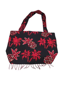 Bolso de Mano Tela Negro Rojo Palmeras Adornado Ligero - Imagen 1 de 10