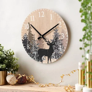 Cabin Deer Wall Clock 12 Inch Silent Non Ticking Clock Wooden Forest Wildlife Mo - Picture 1 of 12