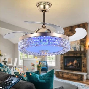 42" Modern 7-Color Dimmable Chandelier Crystal Ceiling Fan w/Bluetooth Speaker - Picture 1 of 9