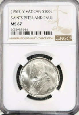 1967 VATICAN SILVER 500 LIRE SAINTS PETER & PAUL NGC MS 67 RARE GEM TOP POP - Image 1 of 4