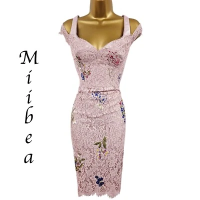 KAREN MILLEN 14 UK Pink Lace Corset Bardot Cocktail Party Pencil Dress - Image 1 of 4