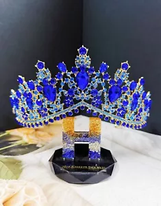 Vintage Blue Tiara, Royal Blue Crystal Crown, Gold Princess Tiara, Party Crown - Picture 1 of 9